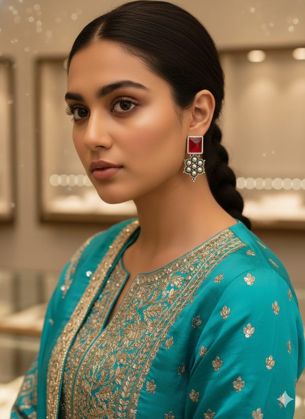 Royal Red & Blue Square Pearl Drop Earrings – FATIHA Elegance