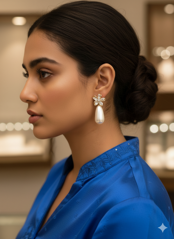 Floral Crystal Drop Pearl Earrings